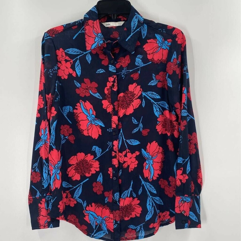 Zara Button Front Shirt Blue Red Floral